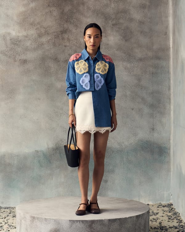 Sky Blue Denim Shirt with Floral Appliqué — Aruni