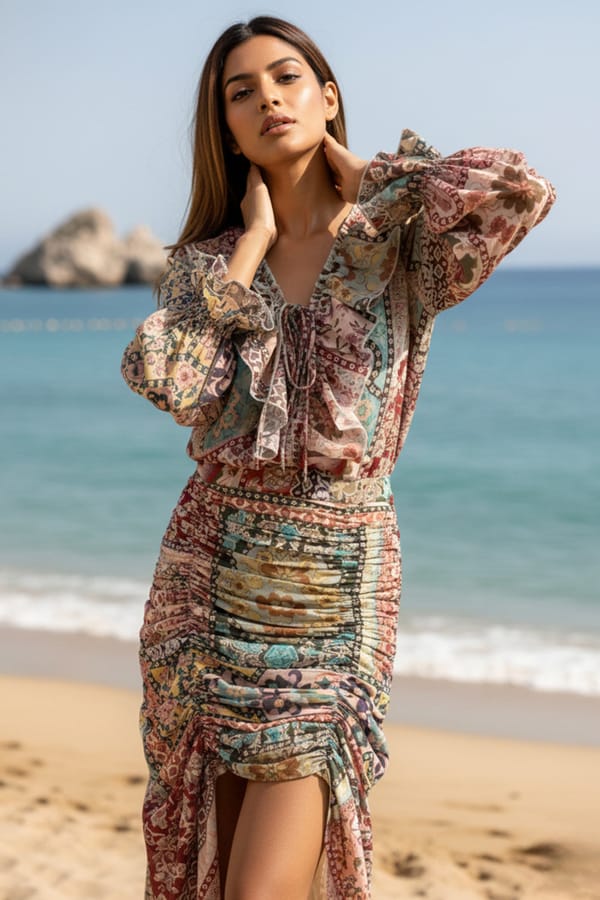 Multicolor Printed Ruffle Blouse and Ruched Maxi Skirt Set — BOHO-CHIC