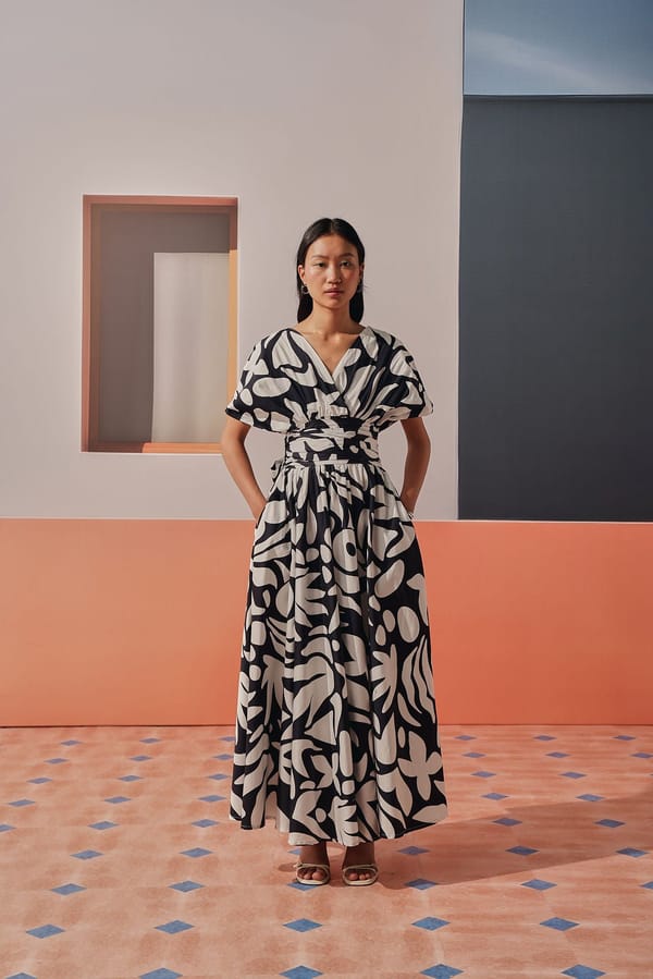 Black and White Abstract Print Wrap Maxi Dress — Sage by Mala