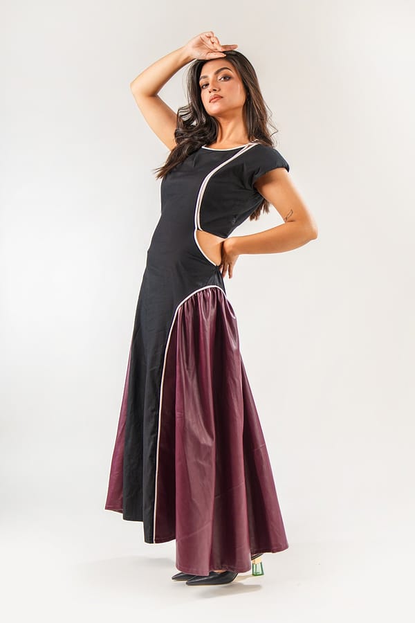 Black and Maroon Colorblock Cut-Out Midi Dress — 9899
