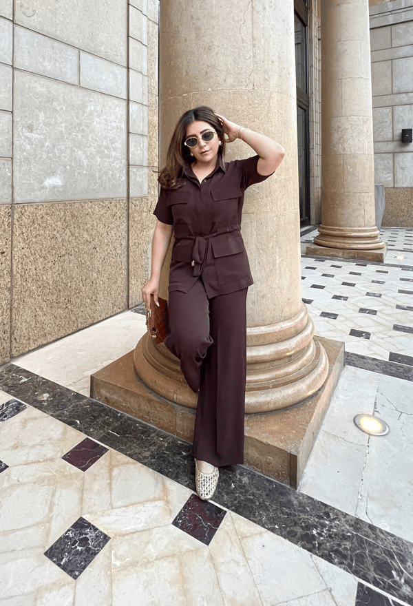 Chocolate Crepe Utility Co-ord Set with Wide-Leg Pants — Shivya K