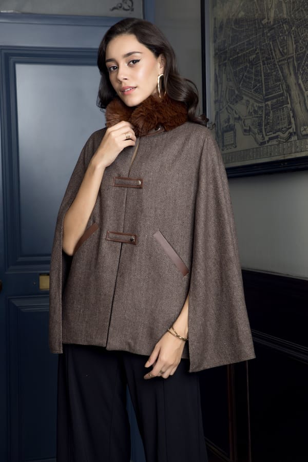 Chocolate Brown Herringbone Cape with Faux-Fur Collar — Rhe-Ana