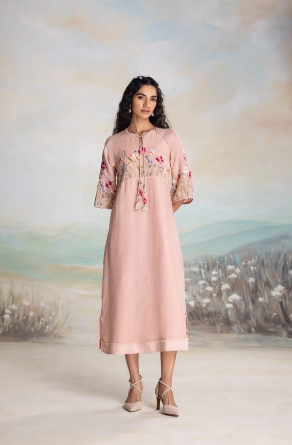 Dusty Rose Linen Embroidered Midi Dress with Tie-Up Neck — Kaveri
