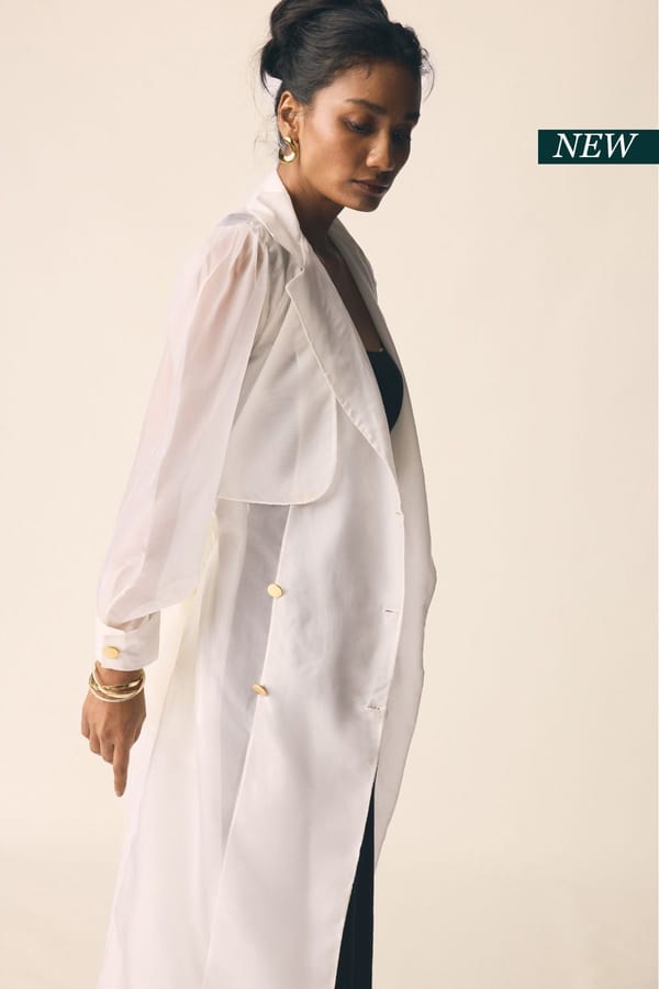 Off White Sheer Organza Longline Trench Coat — Unrush