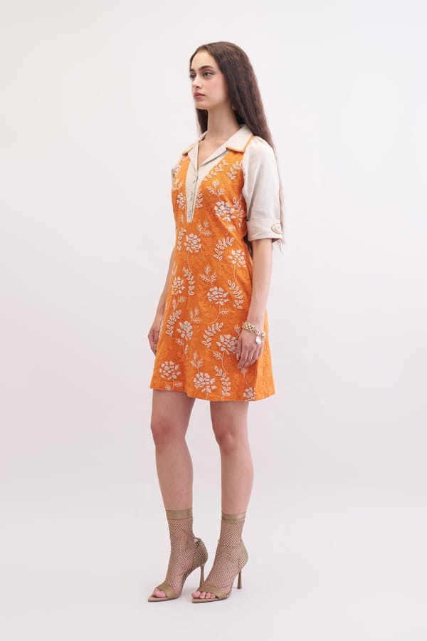 Sunset Orange Lace Mini Dress with Linen Yoke — Our Love