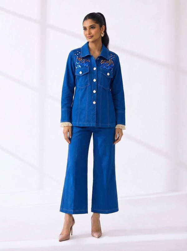 Blue Denim Jacket and Wide-Leg Pants Co-ord Set — BUMBLEBEE
