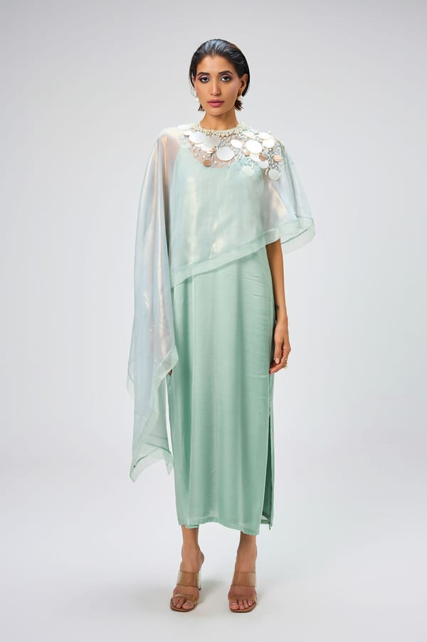 Mint Green Embellished Maxi Dress with Sheer Cape Overlay — KOR