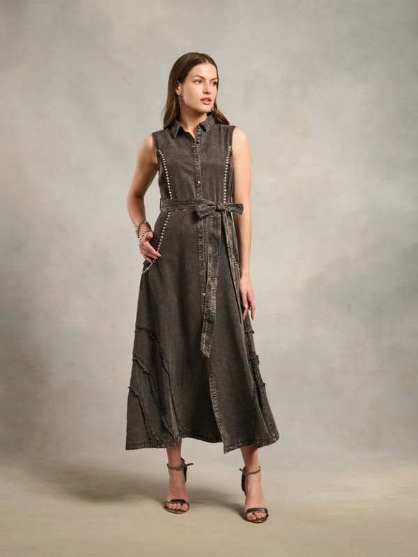 Black Sleeveless Button-Down Belted Midi Shirt Dress — Style Island