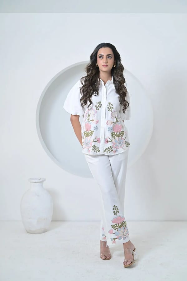 White Linen Embroidered Shirt and Pants Co-ord Set — RUCHIKA MALLIKA LABEL