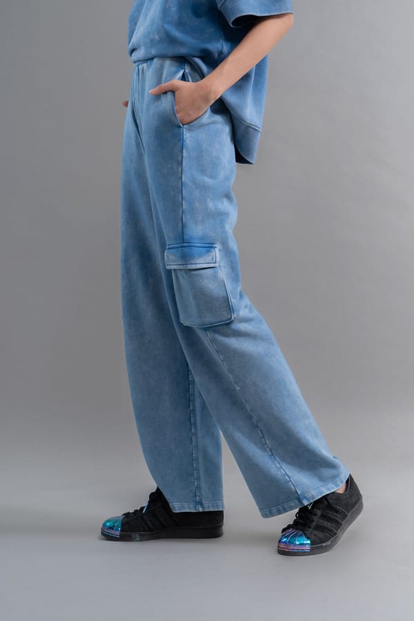 Blue Cotton Terry Wide-Leg Cargo Trousers — Necesera