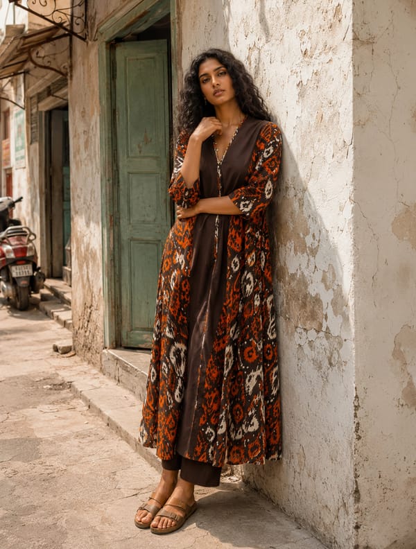 Cola Orange Ikat Print Cotton Kaftan Kurta Set — Truebrowns