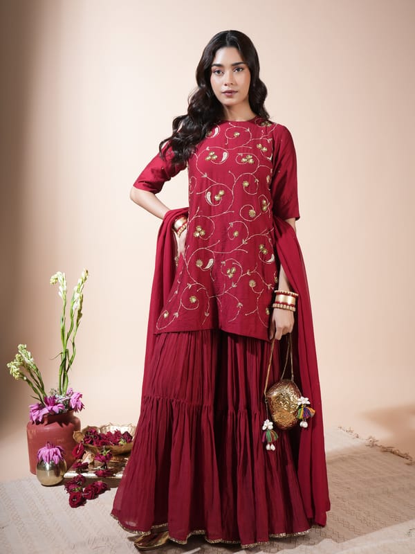 Maroon Floral Jaal Kurta Garara Set — KOMAL SHAH