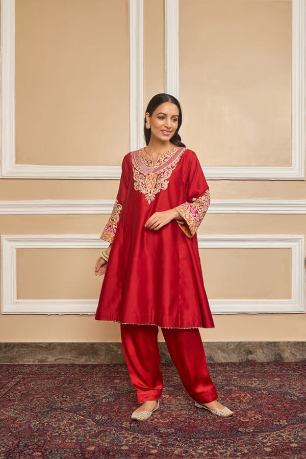 Deep Red Embroidered Kalidaar Choga Kurta Set — Sheetal Batra