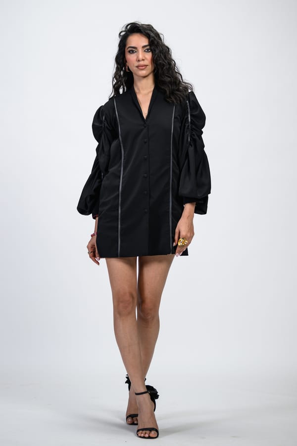 Black Button-Down Mini Dress with Statement Bishop Sleeves — The Dramebaaz Company