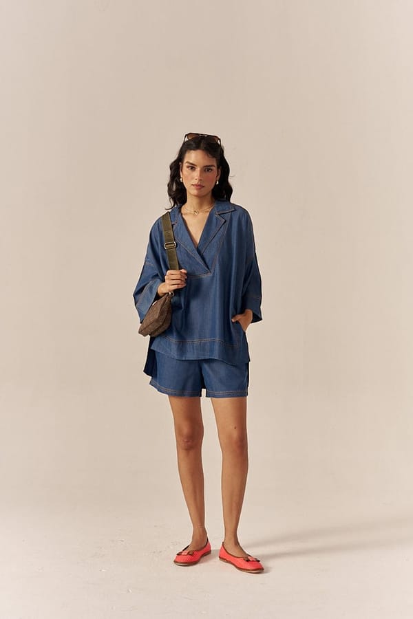 Blue Lapel Shirt and Mid-Rise Shorts Co-ord Set — Spacelines