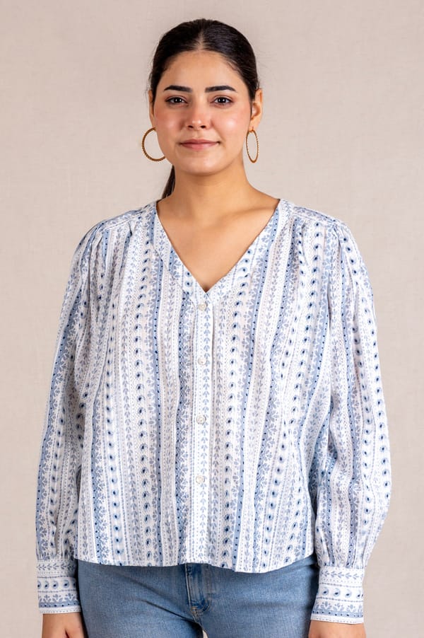 Blue Printed V-neck Blouse — Move About Effortlessly