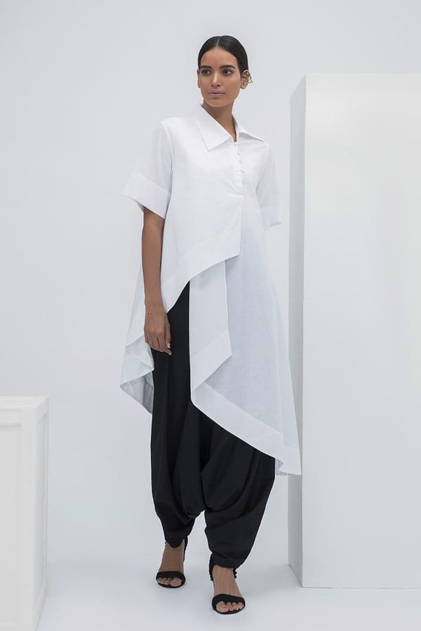 White Asymmetric Overlap Drape Shirt Tunic — Aakaar