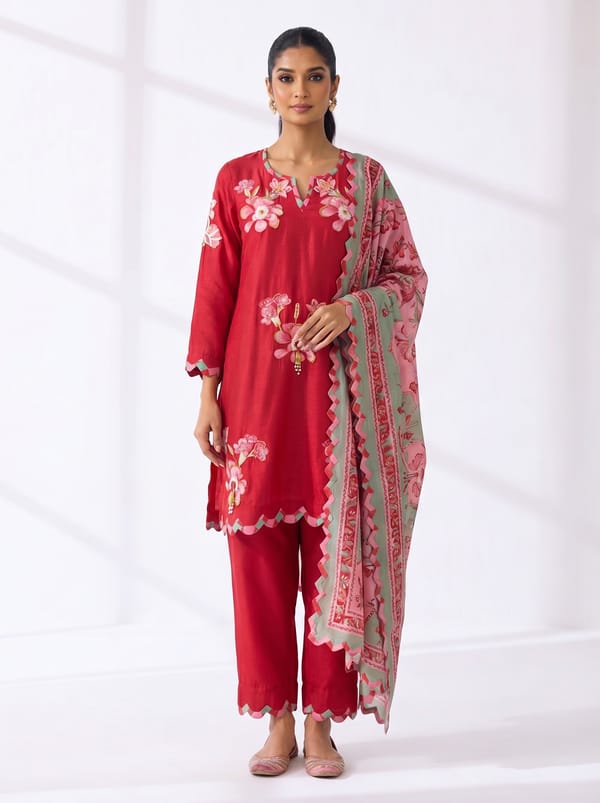Red Bamberg Silk Embroidered Straight Kurta Set — SURABHI ARYA
