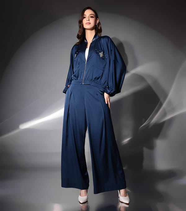 Navy Satin Zip-Front Jacket and Wide-Leg Co-ord Set — RUCHIKA  MALLIKA LABEL