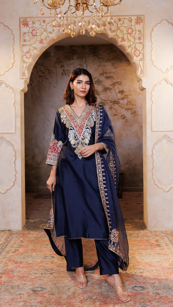Navy Mehr Chanderi Silk suit — Kylee Fashions