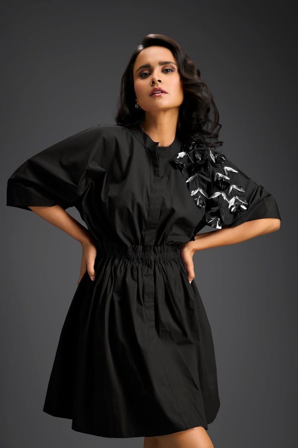 Black Floral Shoulder Shift Dress — Deepika Arora
