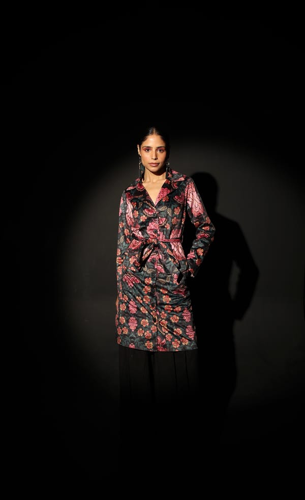 Black Velvet Floral Print Belted Longline Coat — MANVI DAGA STUDIO
