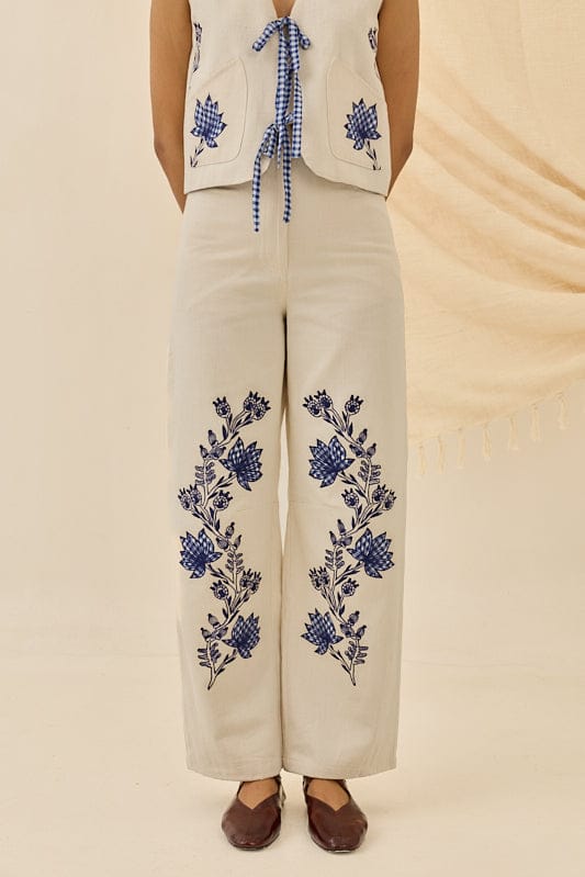 Off-White Denim Trousers with Navy Floral Placement Motif — JODI