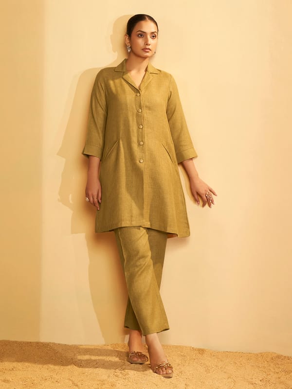 Mustard Linen Blend Button-Down Kurta Set — Truly SMA
