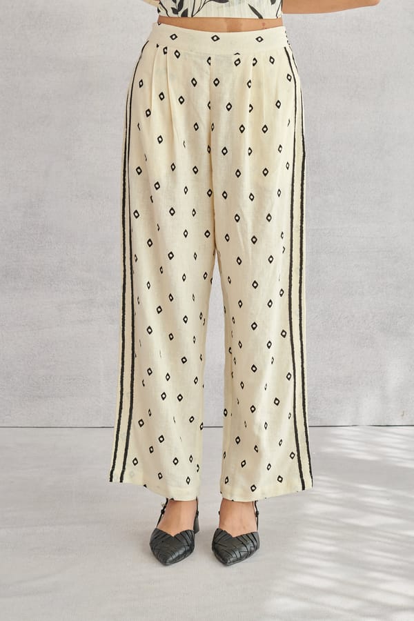 Cream Printed Linen-Blend Straight-Leg Trousers — Shop Roho