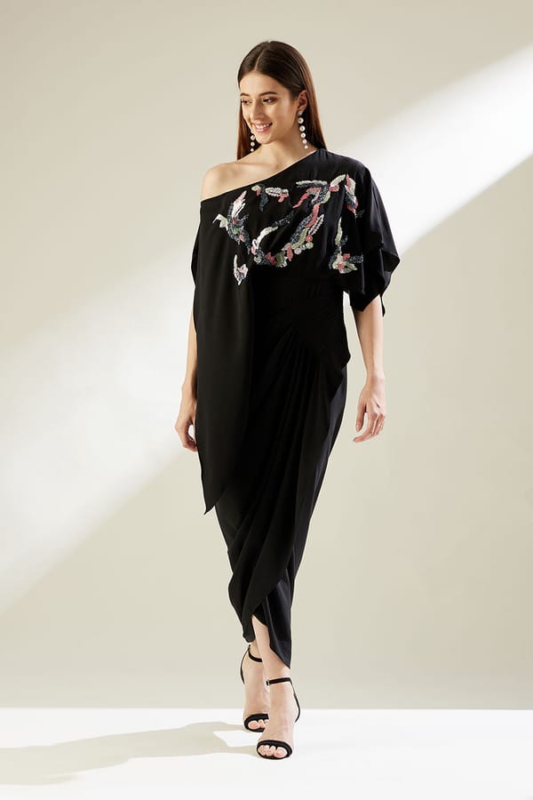 Black One-Shoulder Sequin Embroidered Drape Maxi Dress — Aakaar
