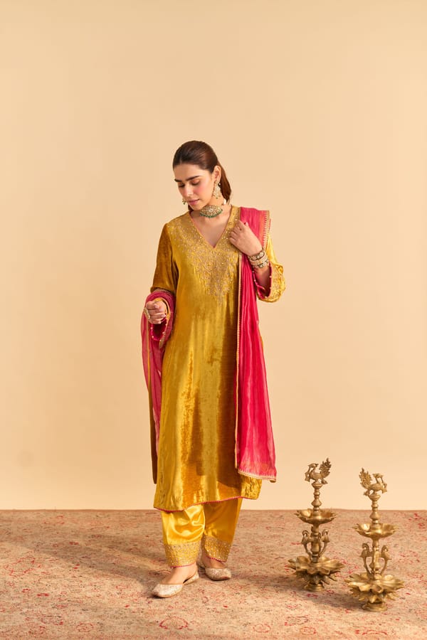 Mustard Velvet V-Neck Straight Kurta Set with Salwar — Sheetal Batra