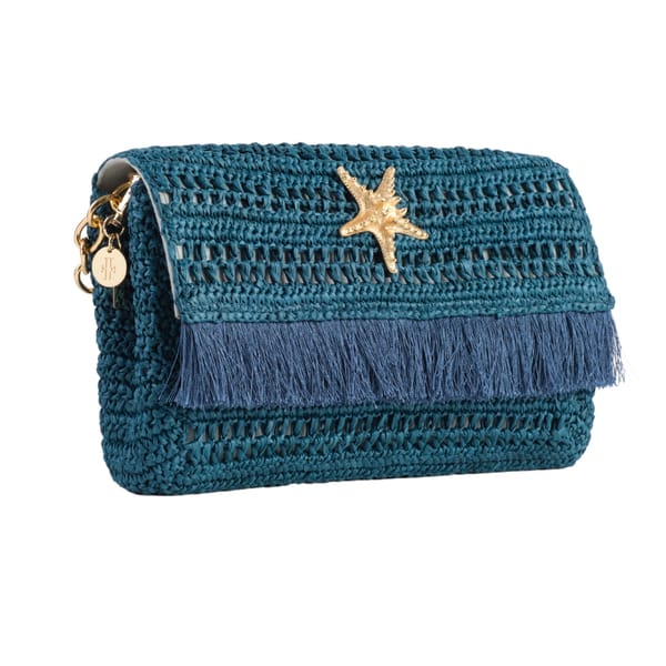 Jena Slim Raffia Clutch With Gold Emblem — Jena Luxury