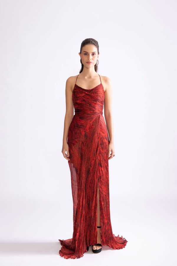 Red Wave Print Chiffon Micro-Pleated Maxi Gown — Saaksha and Kinni