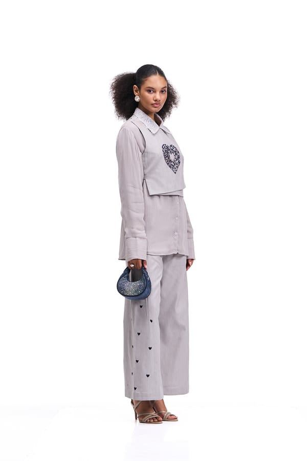 Cloud Grey 3-Piece Co-ord Set with Heart Overlay and Flared Pants — Our Love
