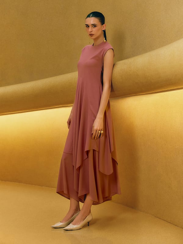 Pink Draped Maxi Skirt with Cascading Asymmetric Layers — HOUSE OF FETT
