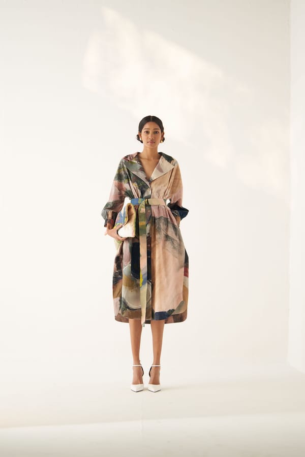 Multicolor Abstract Print Trench-Style Midi Shirt Dress — Ofrida