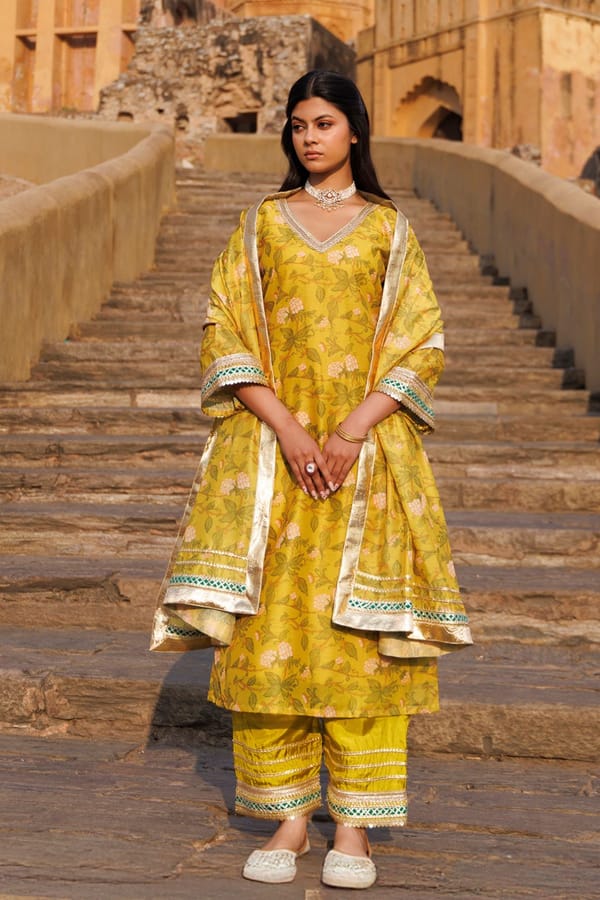 Olive Yellow Chanderi Kurta Set — Bannhi by Priyanka Rathore