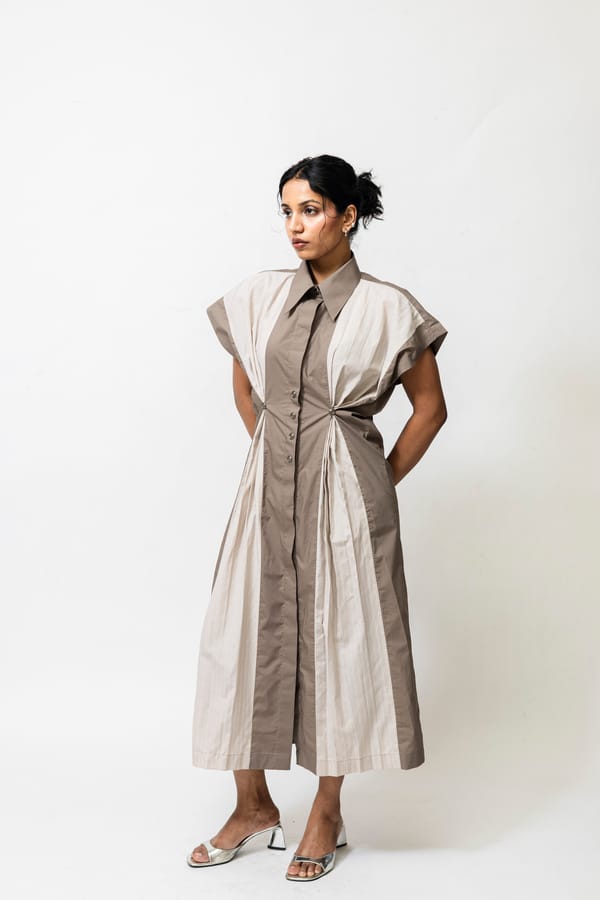 Beige Poplin Panelled Shirt Dress with Pleated Inserts — Shop Staple