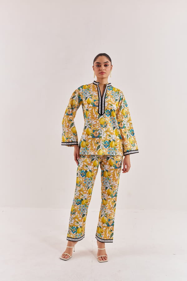 White and Yellow Lemon Print Co-ord Set with Mandarin Collar — MAI TAI