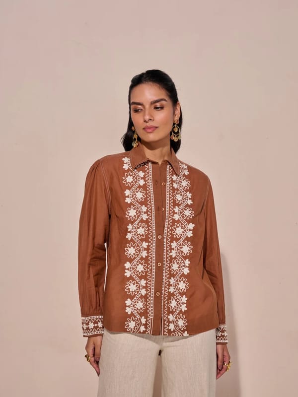 Brown Embroidered Button-Down Shirt with Full Sleeves — Style Island