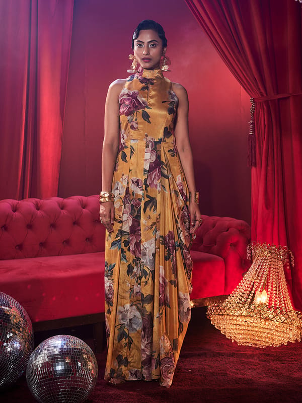 Mustard Floral High Neck Maxi Gown — HOUSE OF FETT
