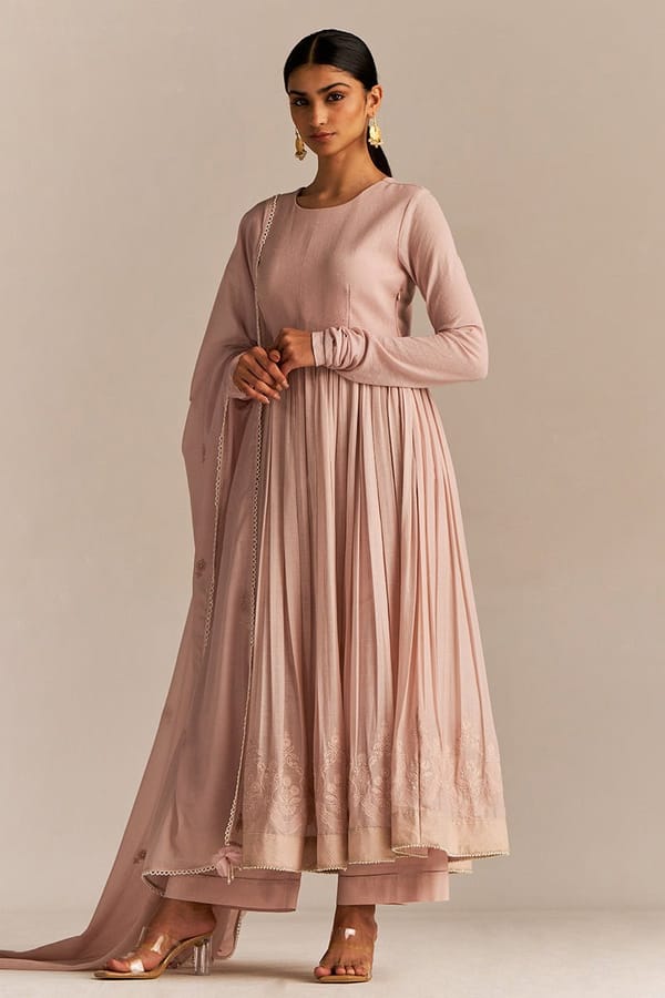 Mauve Chalk Mul Cotton Anarkali Kurta Set with Dupatta — Ganga Fashions Pvt Ltd