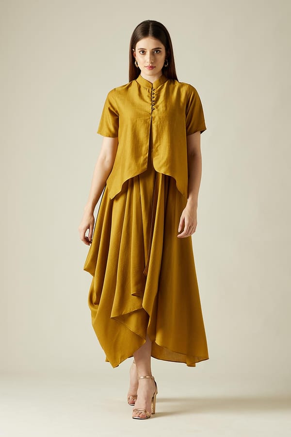 Mustard Cotton Silk Draped Asymmetrical Maxi Dress — Aakaar