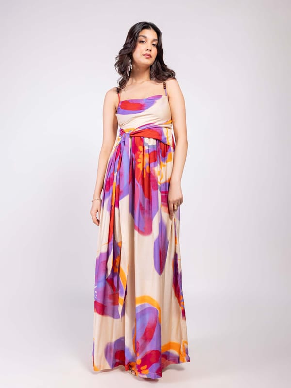 Lavender Abstract Printed Maxi Dress with Waist Tie — POPPI