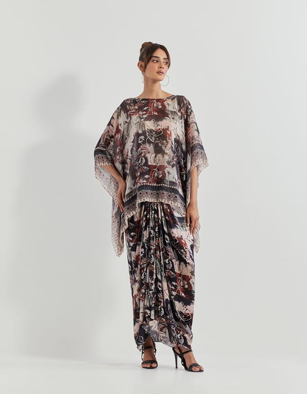 Printed Kaftan Top and Drape Maxi Skirt Co-ord Set — Kavita Bhartia