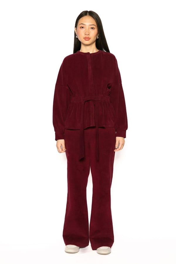 Wine Corduroy Tie-Waist Jacket with Band Collar — Contemponari