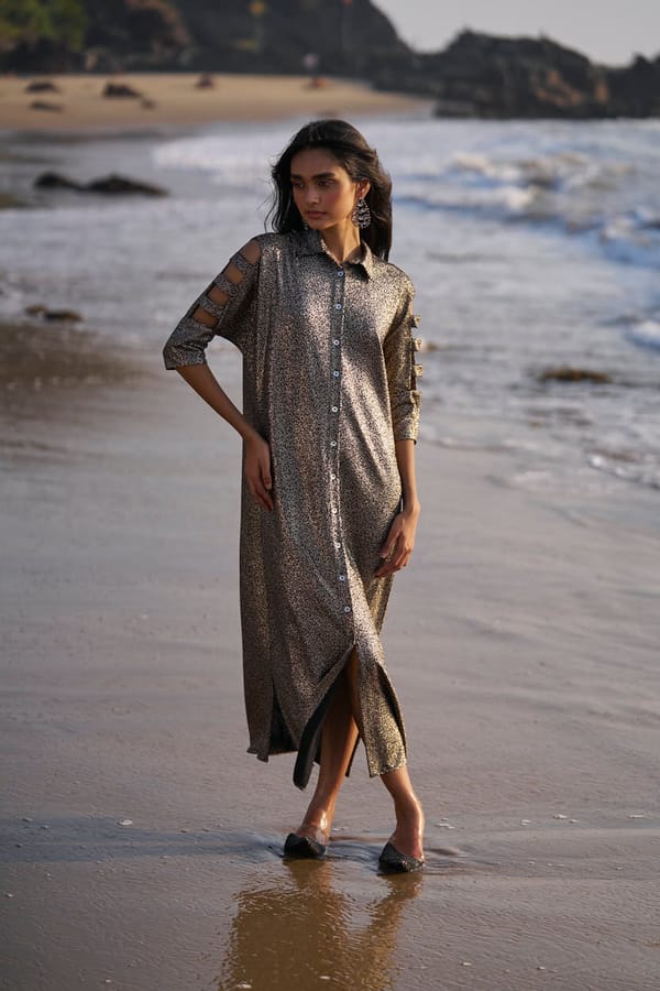 Bronze Shimmer Cutout Sleeve Button-Down Midi Shirt Dress — Dash and Dot