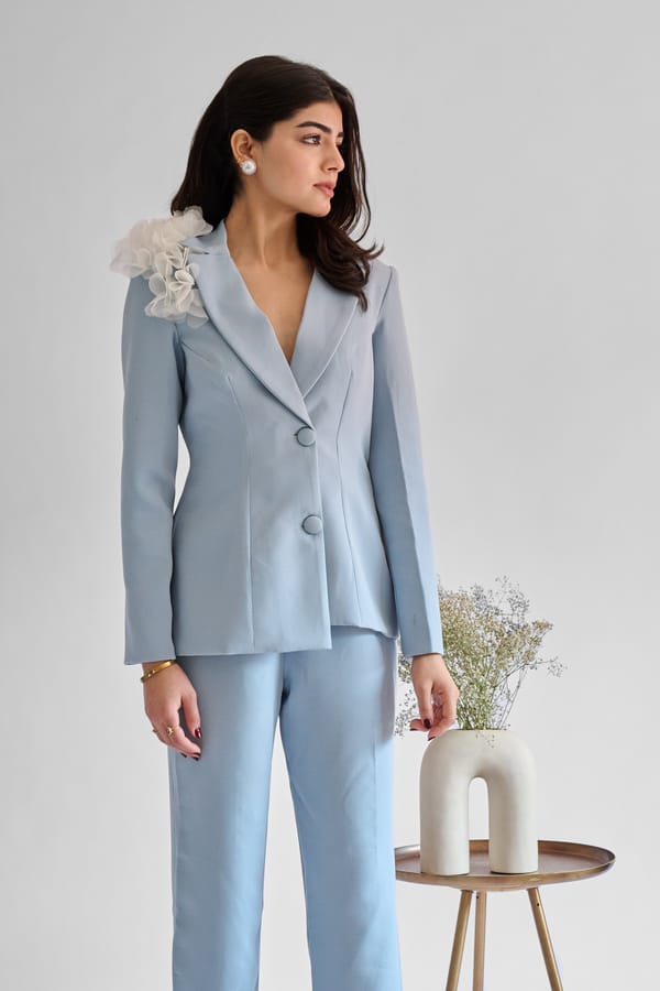 Ice Blue Structured Blazer Set With 3D Flowers — Weaving Cult
