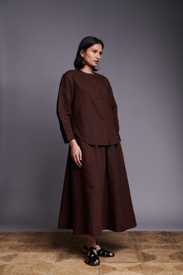 Coffee Co-Linen Shirt and Flared Midi Skirt Co-ord Set — Saphed