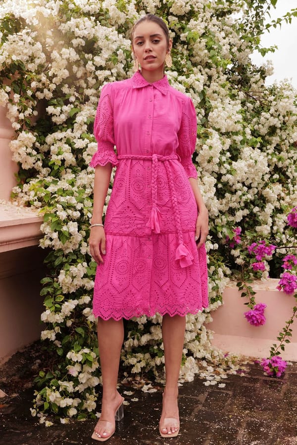 Cosmos Pink Cotton Midi Shirt Dress with Cutwork and Belt — BOHO-CHIC